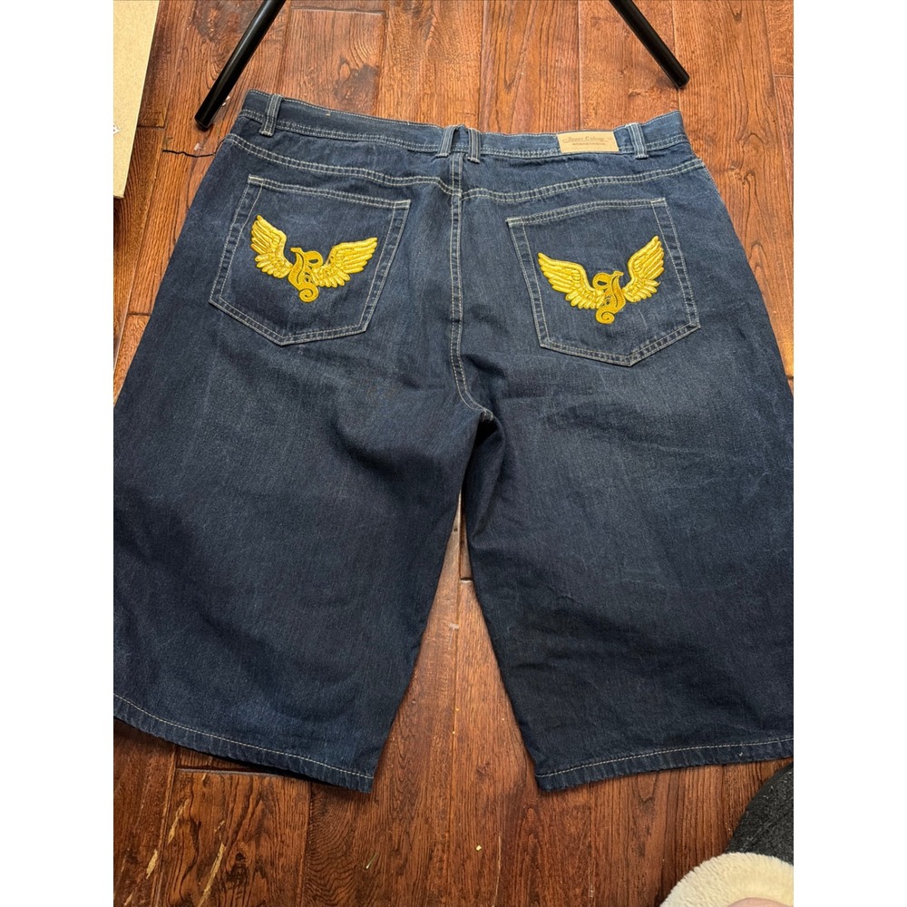 Jeans Colony Mens W42 L14 Denim Shorts Dark Wash Yellow Wing Logo Streetwear Y2K